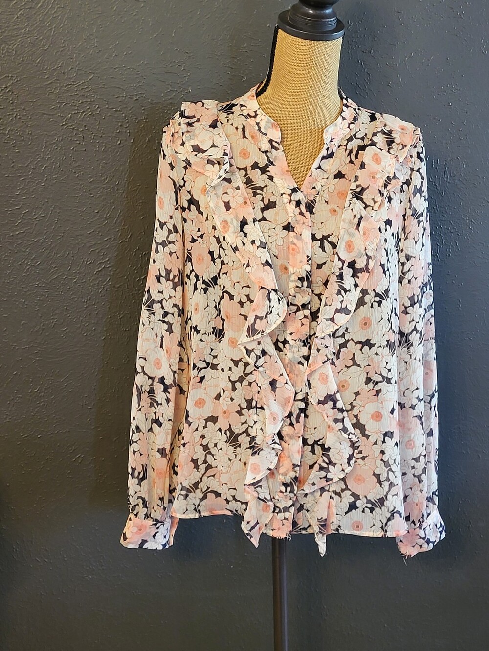 Tommy Hilfiger Medium Pink/Brown Sheer Chiffon Floral Blouse